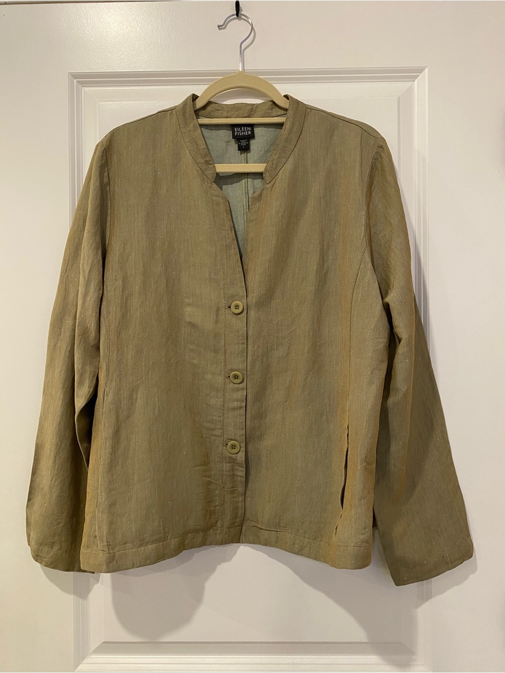 Eileen Fisher Linen Blend Button Front Shirt L Olive Green Minimalist - Picture 3 of 9